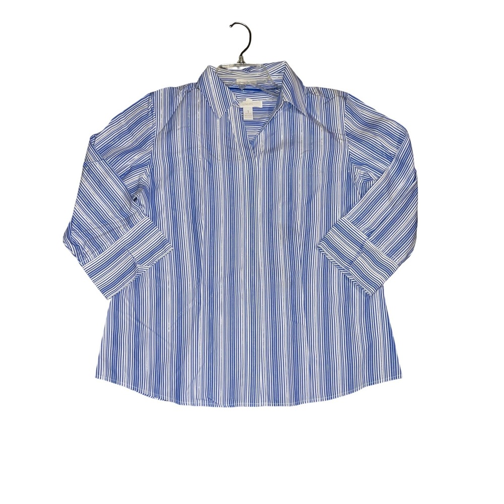 Chicos No Iron Striped Button Down Shirt Blue White Metallic Silver Women Size 1 - Picture 6 of 8